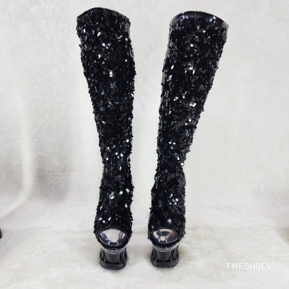 Pleaser Spiky Black Sequin Knee Boots Spiked Design Platform - Picture 7 of 12